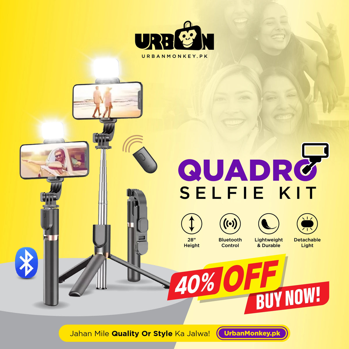 4 in 1 Tripod Selfie Stick With Bluetooth Remote Control